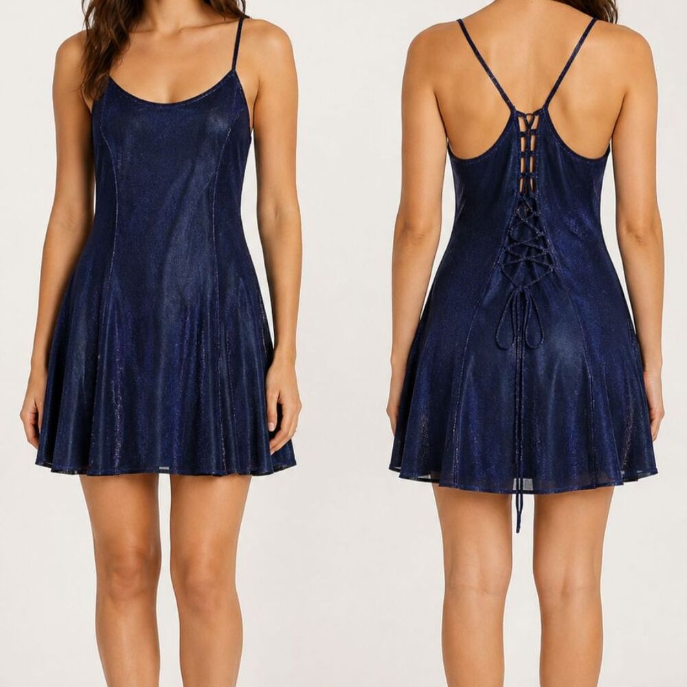 Vintage Y2K Navy Shimmer Mini Dress Size Medium Lace Up Back‎